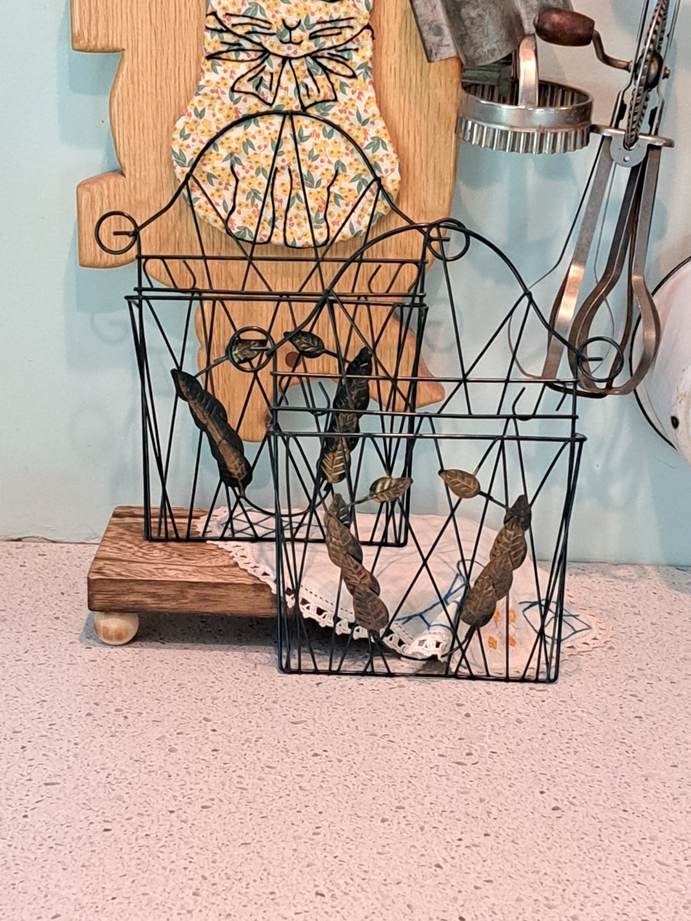 Vintage Black Metal Wire Baskets with Brass Leaf Accents